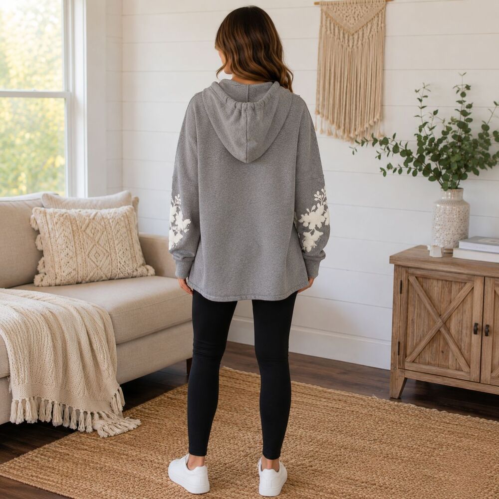 H&M LOGG Floral Hoodie XL Gray Boho Cottagecore Cozy Soft Girl - Picture 2 of 10
